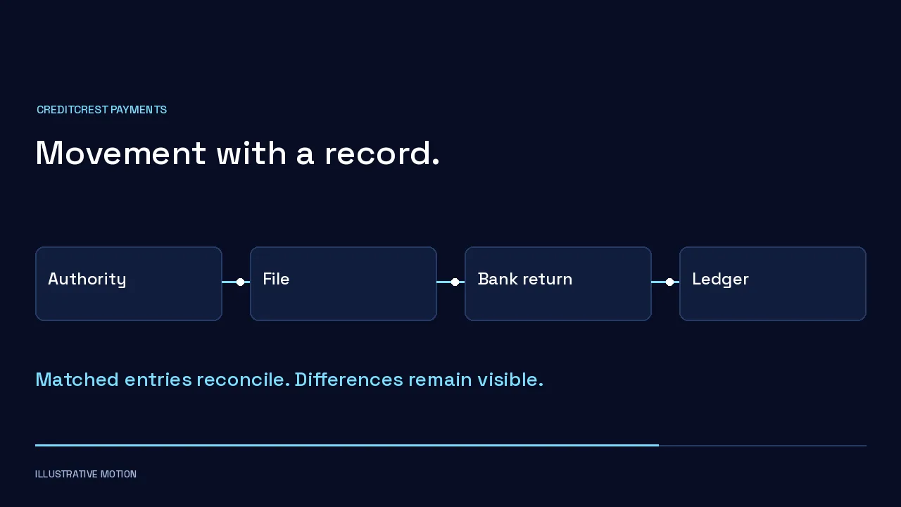 A payment from authority to file to bank return to ledger, with differences kept visible.