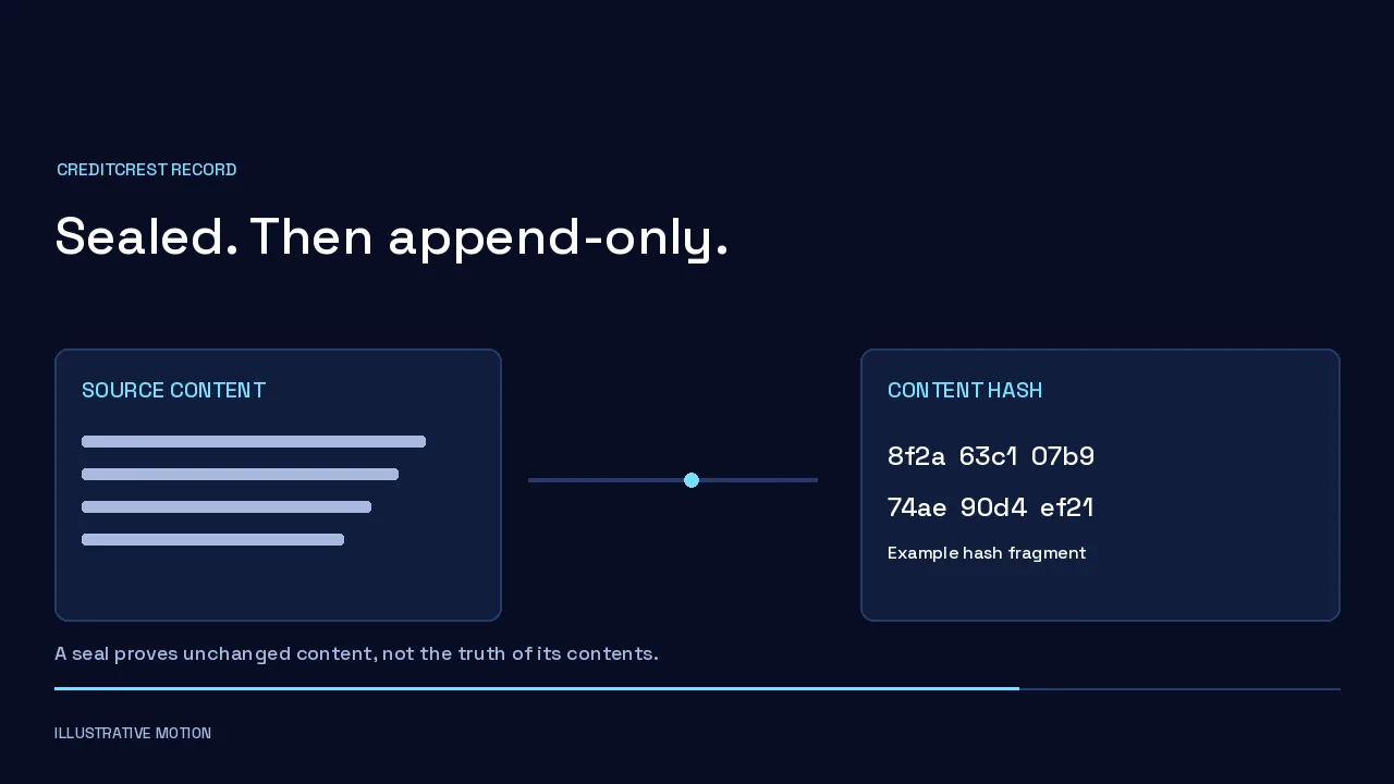 Source content sealed with a hash. A seal proves the content has not changed, not that it is true.